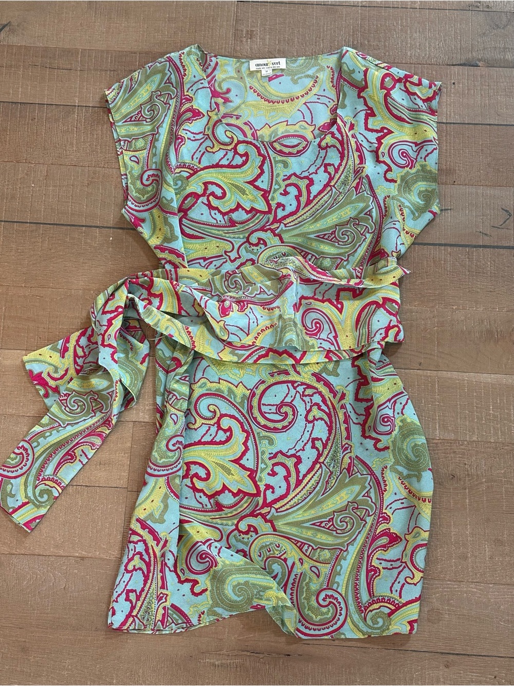 Amour Vert Multicolor Silk Paisley Dress — Aqua, Lime & Coral with Sash